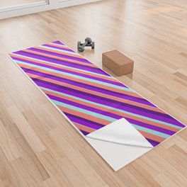 [ Thumbnail: Dark Violet, Turquoise, Salmon, and Indigo Colored Lined Pattern Yoga Towel ]