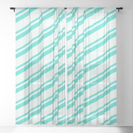 [ Thumbnail: Mint Cream and Turquoise Colored Lines Pattern Sheer Curtain ]
