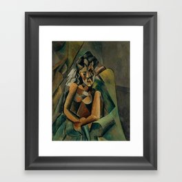 Pablo Picasso, Femme assise (Sitzende Frau), oil on canvas female nude on green portrait painting cubism, surrealism, symbolist Framed Art Print