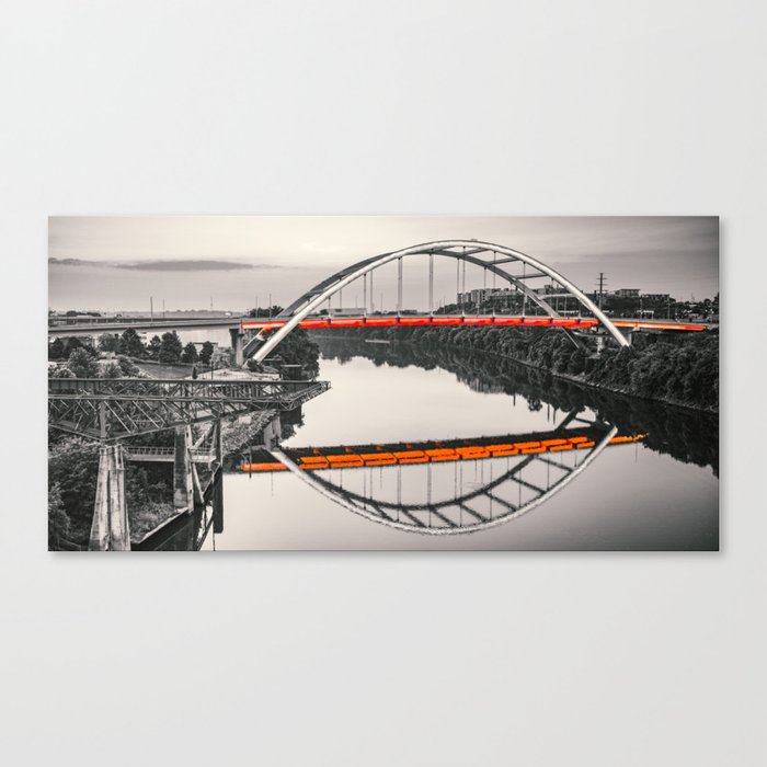 Nashville Veterans Memorial Bridges Reflecting On The Cumberland River Panorama - Selective Color Canvas Print