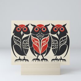 Tribal Owls in Red and Black on Ivory Background Mini Art Print