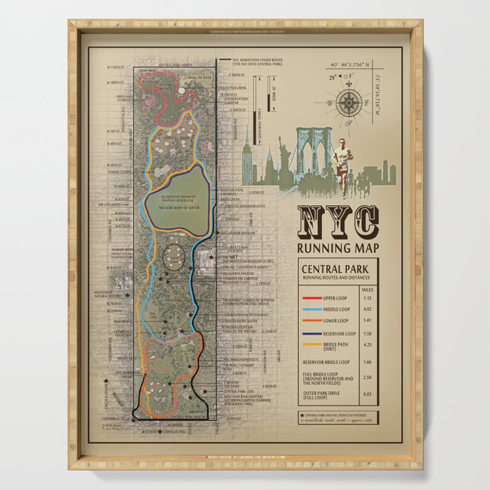 NYC Central Park Running Route Map Serving Tray