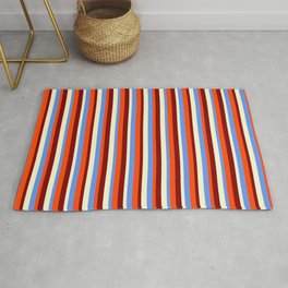 [ Thumbnail: Cornflower Blue, Red, Maroon & Light Yellow Colored Striped Pattern Rug ]