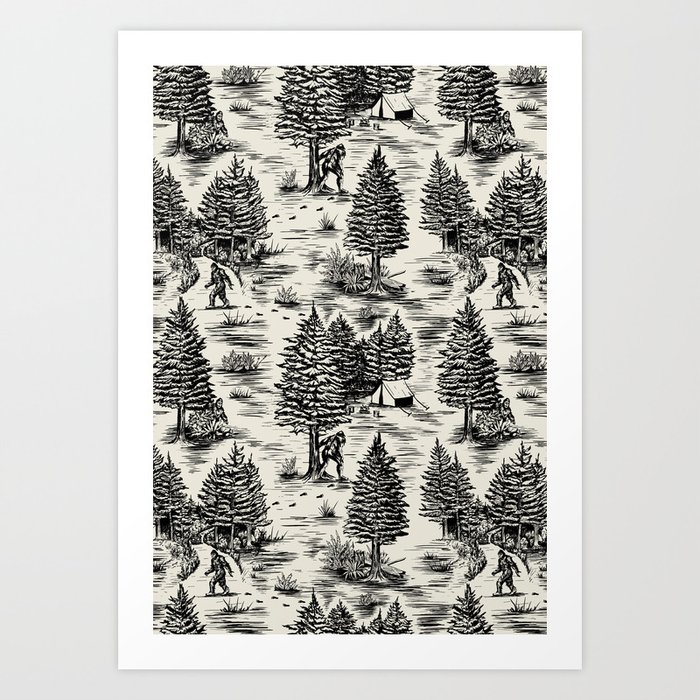 Bigfoot / Sasquatch Toile de Jouy in Black Art Print