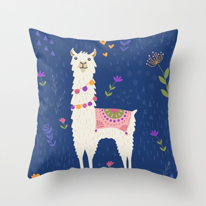 Llama on Blue Throw Pillow