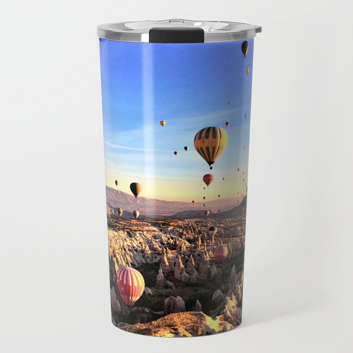 hot air balloons flying valley sky sunset Travel Mug