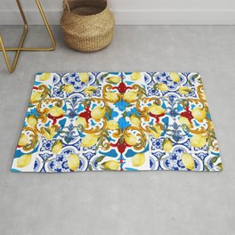Mediterranean tiles,lemon fruit,mosaic art Rug