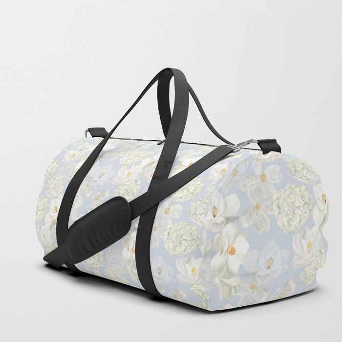 White Floral on Pale Blue Duffle Bag