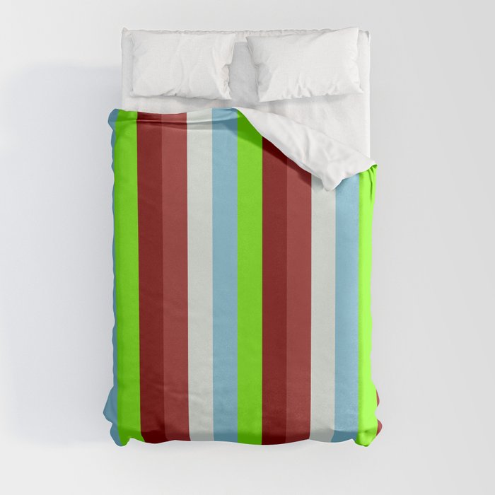 Colorful Brown, Mint Cream, Sky Blue, Green, and Maroon Colored Stripes/Lines Pattern Duvet Cover