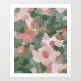 Rosy Radiance - Light Pink Rose Flower Forest Sage Green Leaf Garden Abstract Nature Painting Art Art Print
