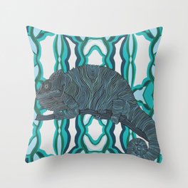 Modern chameleon sitting on a tree branch design with a patterned background Throw Pillow