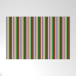 [ Thumbnail: Colorful Slate Blue, Beige, Brown, Dark Green, and Tan Colored Lines Pattern Welcome Mat ]