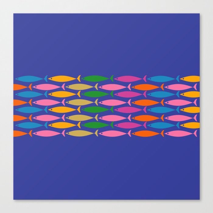 Fish Stripe Colorful Vivid Minimal Mid Century Modern Ocean Pattern on Blue Canvas Print