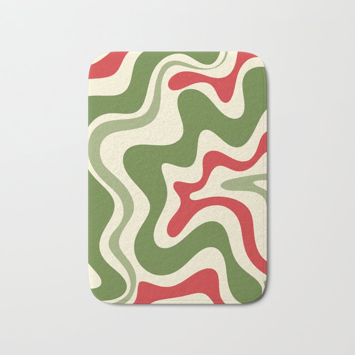 Retro Christmas Swirl Abstract Pattern in Olive Green, Sage, Xmas Red, and Cream Bath Mat