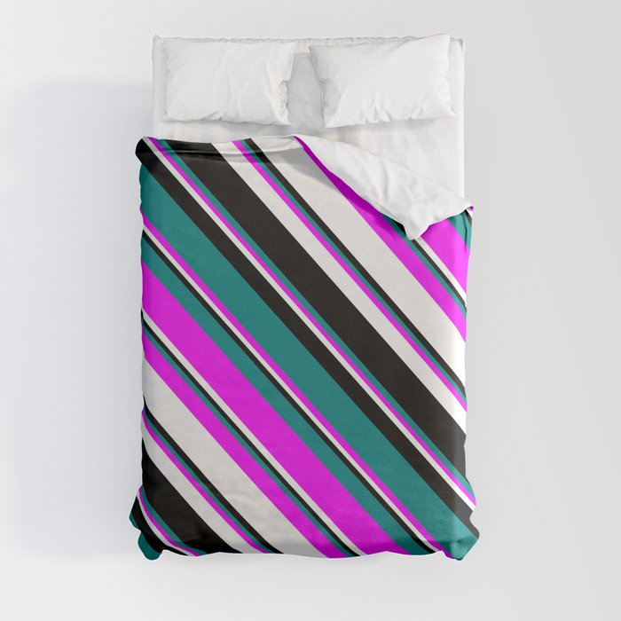Teal, Fuchsia, White, and Black Colored Lined/Striped Pattern Duvet Cover