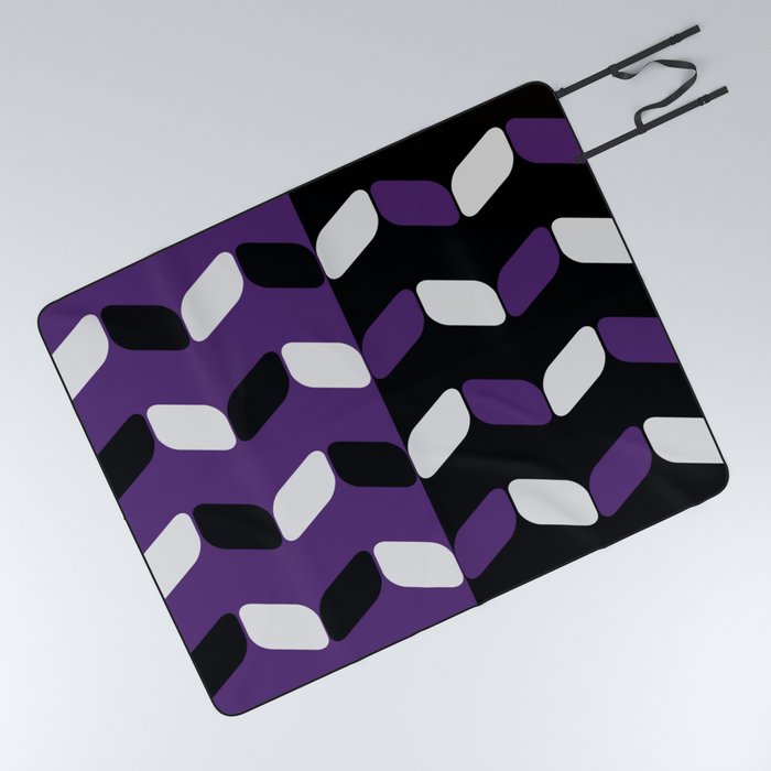 Vintage Diagonal Rectangles Black White Purple Picnic Blanket