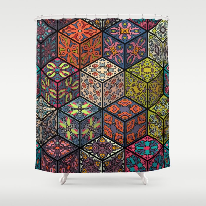 Colorful vintage seamless pattern with floral and mandala elements. Hand drawn background. Shower Curtain