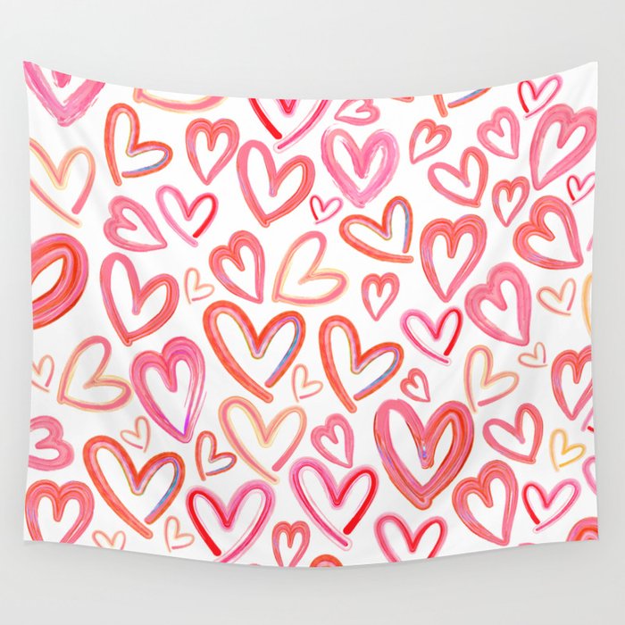 Preppy Room Decor - Lots of Love Hearts Collage on White Wall Tapestry