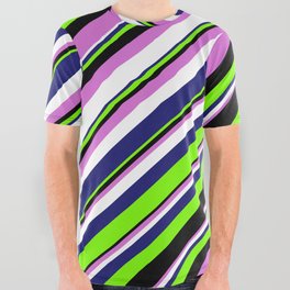 [ Thumbnail: Midnight Blue, Green, Black, Orchid & White Colored Stripes Pattern All Over Graphic Tee ]