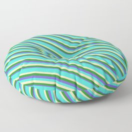 [ Thumbnail: Turquoise, Beige, Forest Green, and Slate Blue Colored Lines/Stripes Pattern Floor Pillow ]