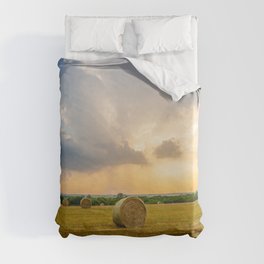 The Best of Times - Round Hay Bales Under a Stormy Sky Filled with Golden Sunlight in Oklahoma Duvet Cover