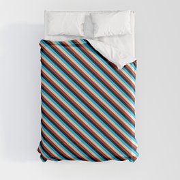 [ Thumbnail: Tan, Brown, Black & Deep Sky Blue Colored Striped Pattern Duvet Cover ]