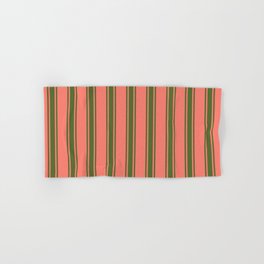 [ Thumbnail: Salmon & Dark Olive Green Colored Stripes Pattern Hand & Bath Towel ]