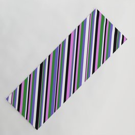 [ Thumbnail: Violet, Forest Green, Slate Blue, White & Black Colored Pattern of Stripes Yoga Mat ]