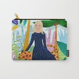 African Safari, Colorful Tropical Jungle Travel, Botanical Watercolor, Blonde Woman with a Leopard Carry-All Pouch