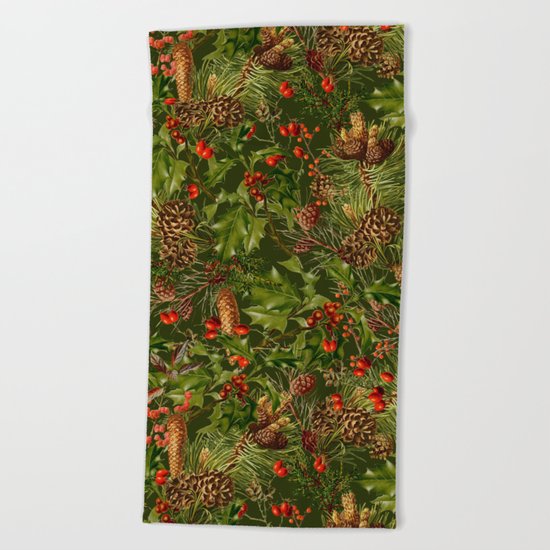 Traditional Holly Christmas Pattern Beach Towel