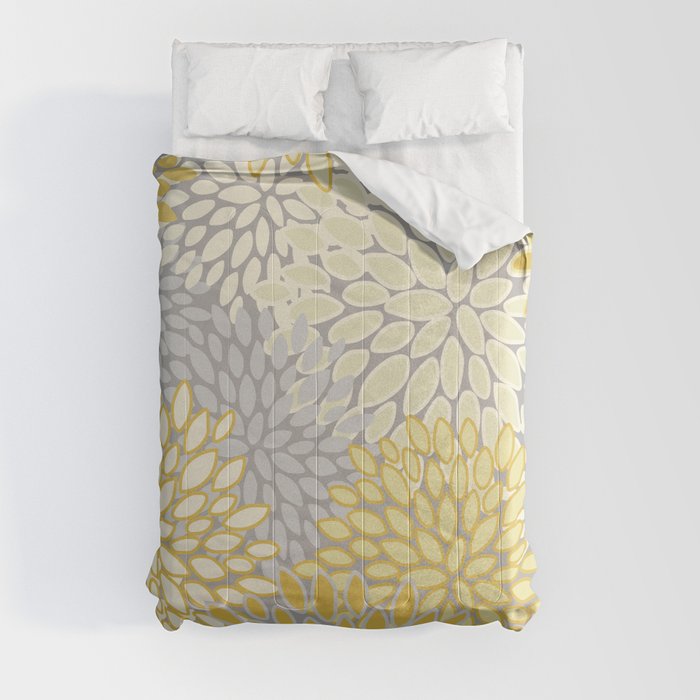Floral Prints, Soft Yellow and Gray, Modern Print Art Comforter