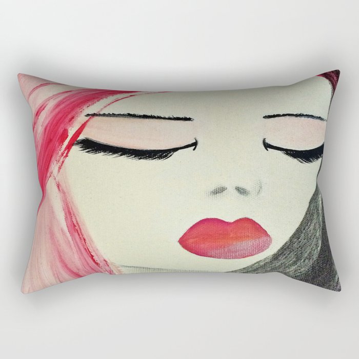 Shy Girl. Abstract Pink Girl. Pink Lips. Pink Hair. Jodilynpaintings. Eyelashes. Gift for All Girls. Rectangular Pillow