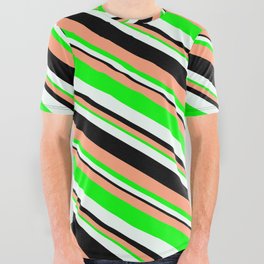 [ Thumbnail: Light Salmon, Lime, Mint Cream & Black Colored Striped/Lined Pattern All Over Graphic Tee ]