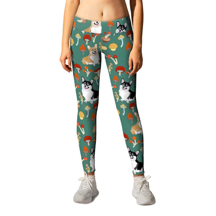 Happy Corgis In Fall Forest Searching For Mushrooms I - Teal  Leggings