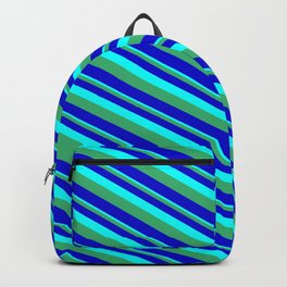 [ Thumbnail: Aqua, Sea Green & Blue Colored Striped/Lined Pattern Backpack ]