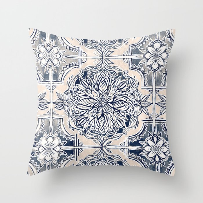 Brush and Ink Watercolor Pattern in Indigo and Cream Throw Pillow by