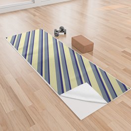 [ Thumbnail: Slate Gray, Pale Goldenrod & Midnight Blue Colored Striped/Lined Pattern Yoga Towel ]