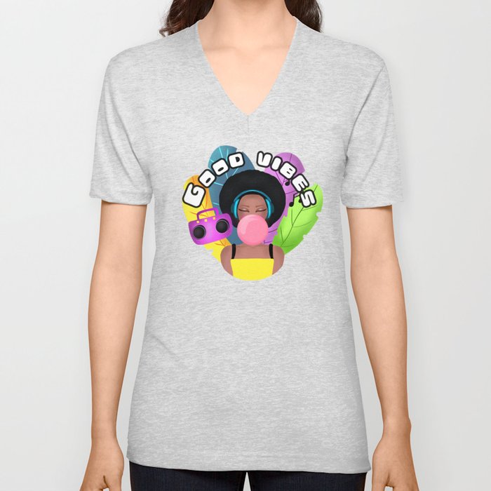 Afro girl with headphones and chewing gum listening music V Neck T Shirt
