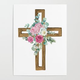 Wooden Cross with Flowers Religious Christian Easter Poster