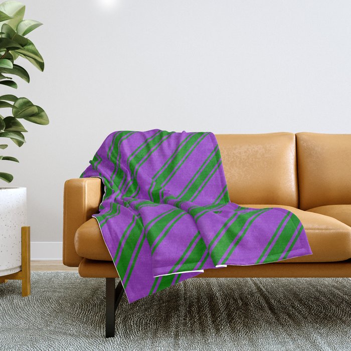 Dark Orchid and Green Colored Striped Pattern Throw Blanket
