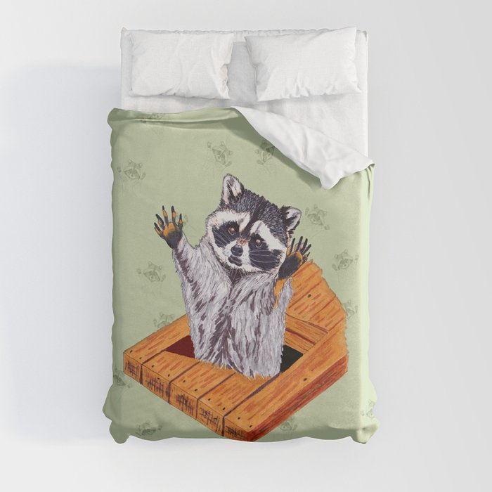 Peeking Raccoons #5 Green Pallet- Duvet Cover