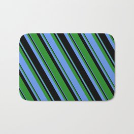 [ Thumbnail: Forest Green, Cornflower Blue & Black Colored Lines Pattern Bath Mat ]