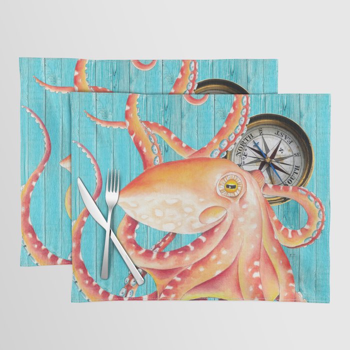 Red Octopus Teal Planks Nautical Rustic Compass Marine Placemat