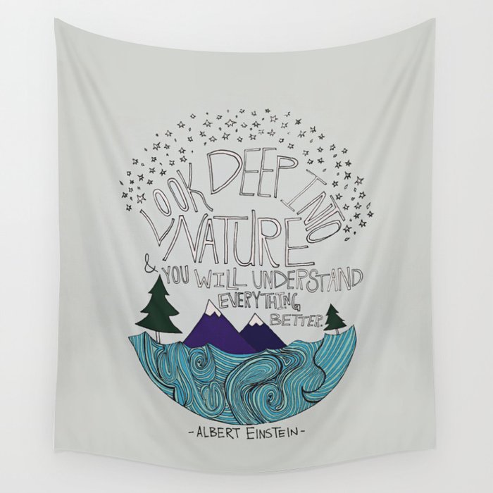 Look Deep into Nature - Ocean Mountain Illustration and Typography Wall Tapestry