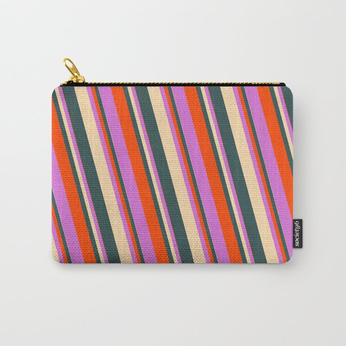 Tan, Dark Slate Gray, Red & Orchid Colored Lined/Striped Pattern Carry-All Pouch