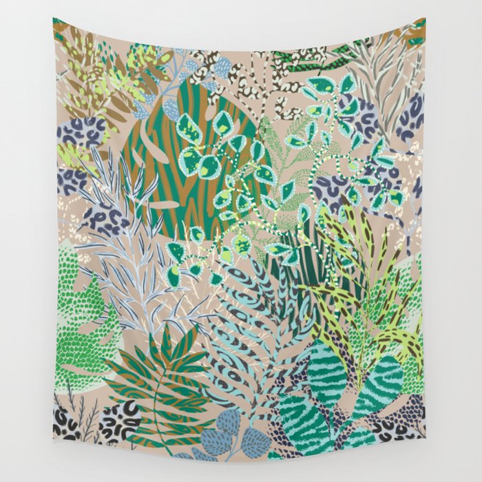 animal patterned leaves tropical Wall Tapestry