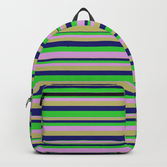 Plum, Dark Khaki, Midnight Blue, and Lime Green Colored Lines/Stripes Pattern Backpack