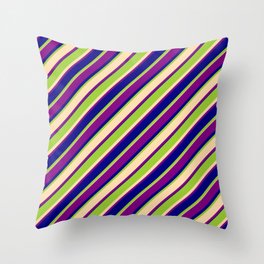 [ Thumbnail: Green, Tan, Purple & Blue Colored Lined Pattern Throw Pillow ]