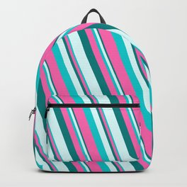 [ Thumbnail: Teal, Light Cyan, Dark Turquoise, and Hot Pink Colored Pattern of Stripes Backpack ]