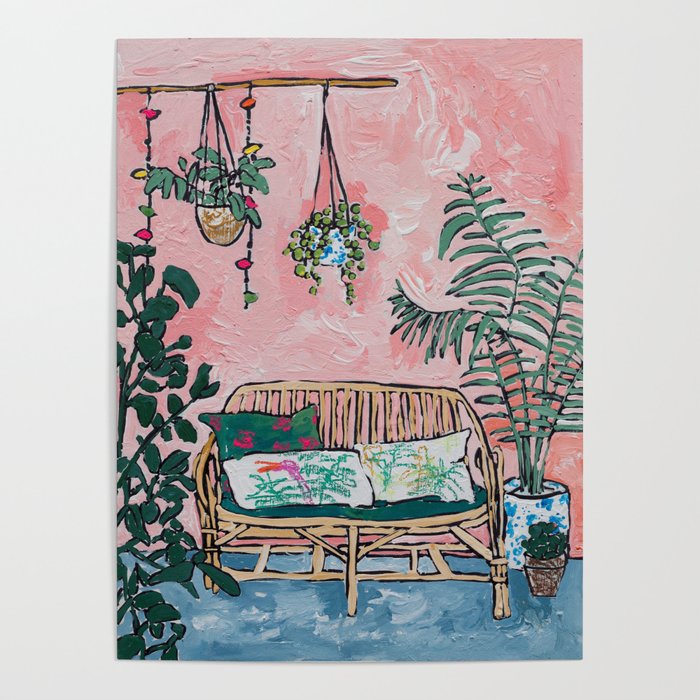 Rattan Bench in Painterly Pink Jungle Room Poster